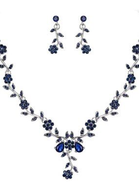 Navy Blue Silver Crystal Flower Bridal Prom Jewelry Set Necklace Earrings